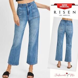 RISEN High Rise Front Pockets Detail Medium Washed Cropped Bootcut Denim Jeans